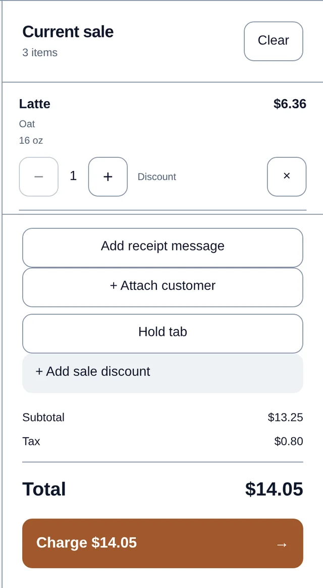 The current-sale panel with buttons for receipt message, attach customer, hold tab and sale discount.
