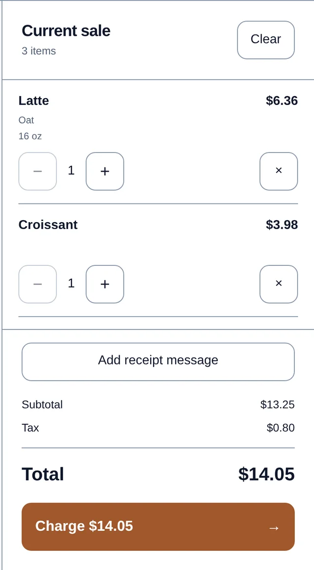 The same sale in Simple Mode: only the receipt message button remains, leaving room to show a second item.