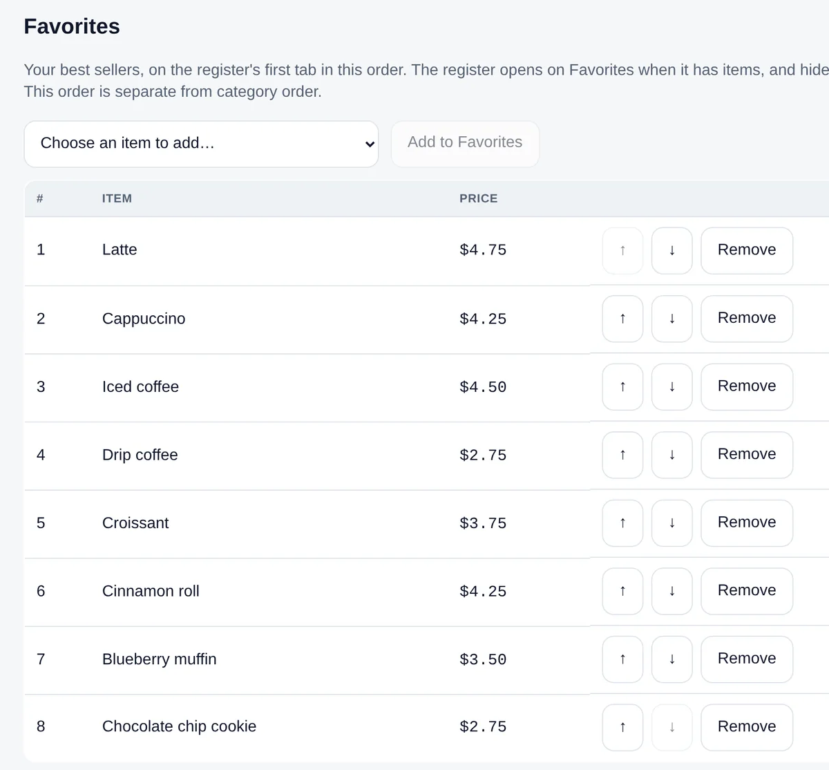 The Favorites page: eight items in register order, each with up and down buttons and Remove.