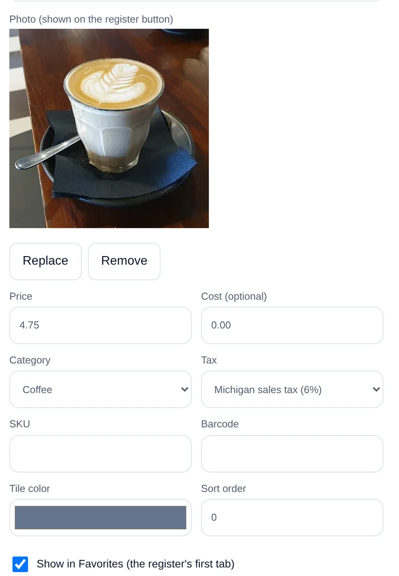 The item editor for the latte: its photo with Replace and Remove, price, category, tax, tile color and the checked Show in Favorites box.