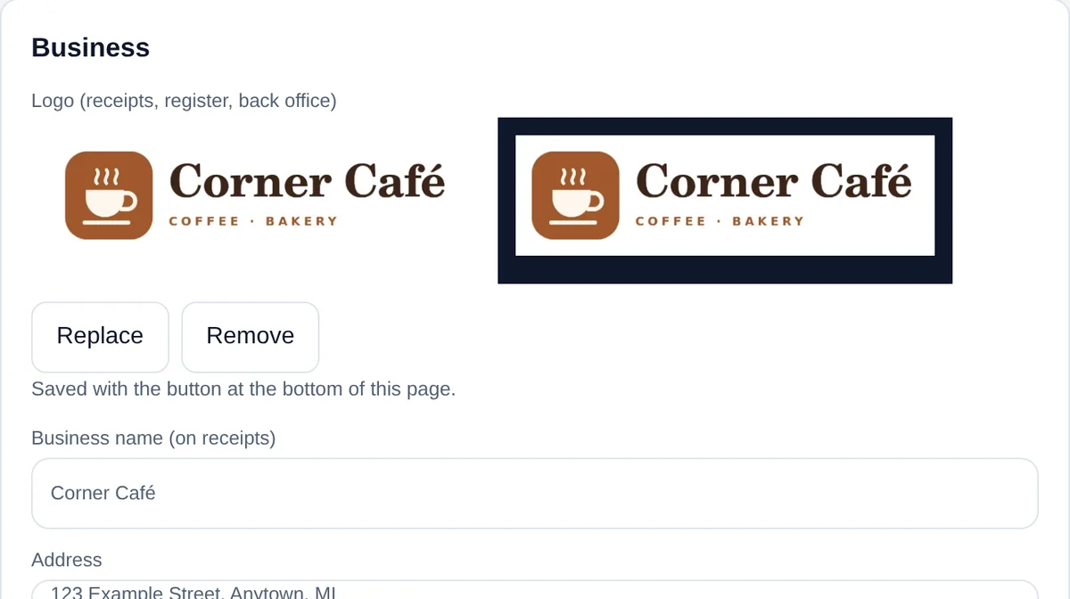 The Business settings with the café's logo uploaded, previewed on light and dark backgrounds.