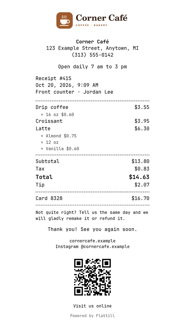 A customer receipt with the café's logo, header line, items, return policy, thank-you message, website and a QR code linking to the café's website.