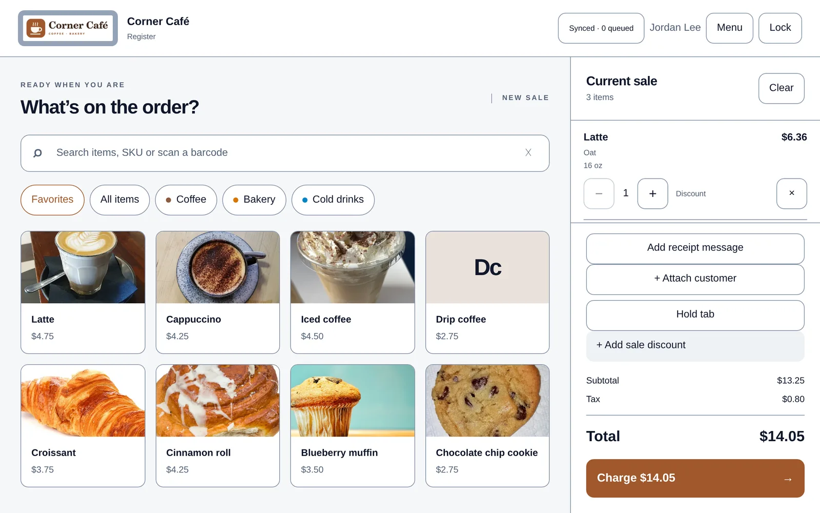 The Flattill register for a café: photo buttons for latte, croissant and other favorites, the café's logo in the top bar, and the current sale on the right.